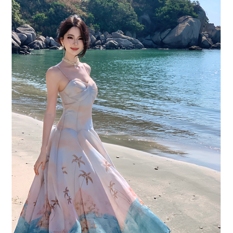 French Style Island Resort Print Sleeveless Long Dress - Style 758b63