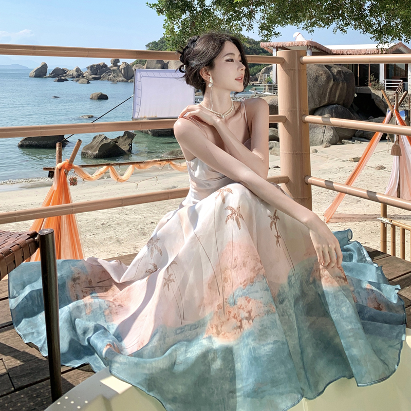 French Style Island Resort Print Sleeveless Long Dress - Style 758b63 - Image 3