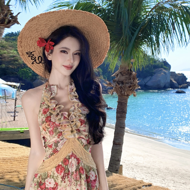 French Vintage Romantic Vacation Stretch Print Mesh Halter Mermaid Dress - Image 3