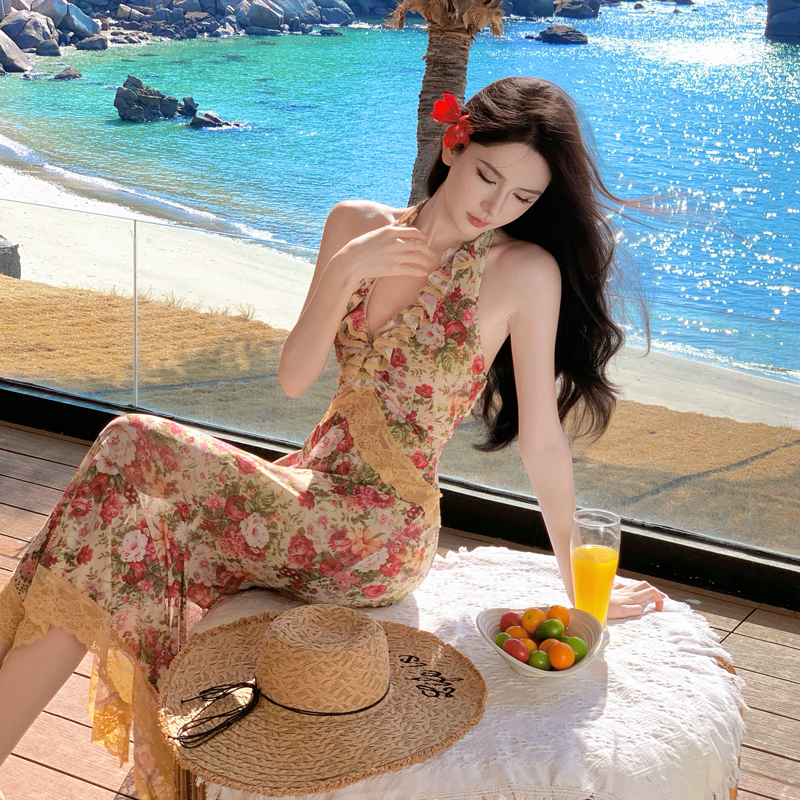 French Vintage Romantic Vacation Stretch Print Mesh Halter Mermaid Dress - Image 2