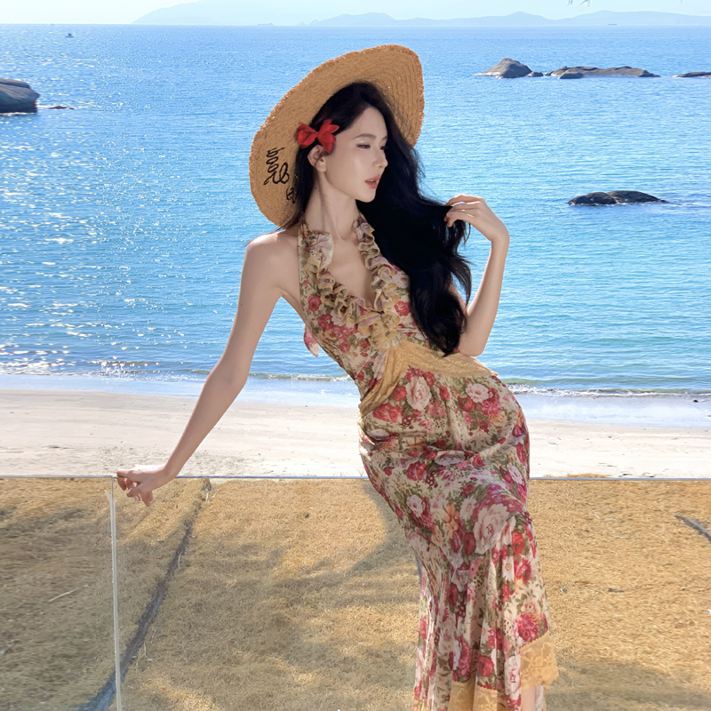 French Vintage Romantic Vacation Stretch Print Mesh Halter Mermaid Dress - Image 4
