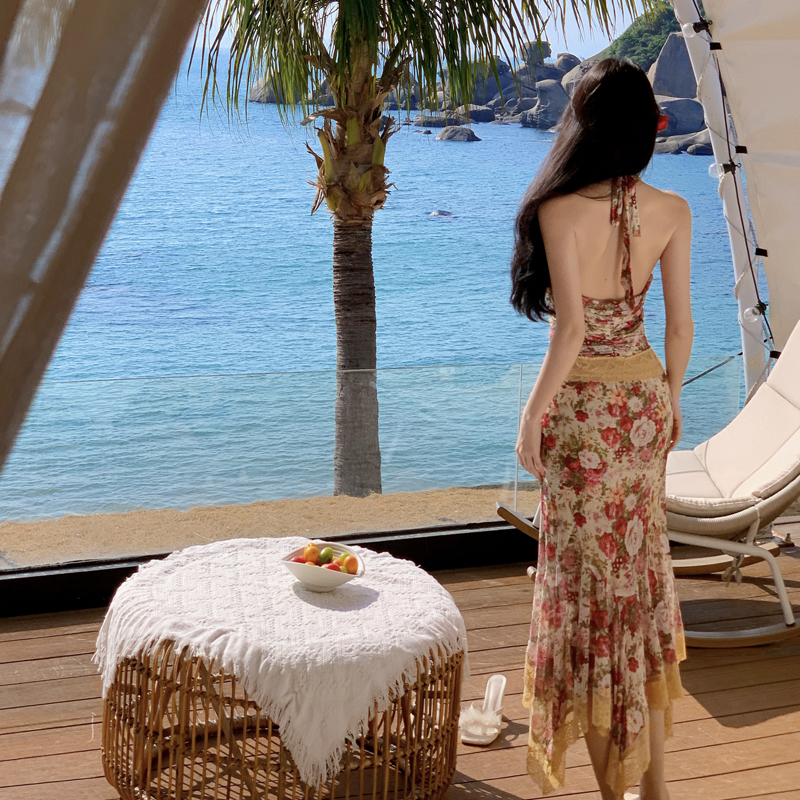 French Vintage Romantic Vacation Stretch Print Mesh Halter Mermaid Dress - Image 5