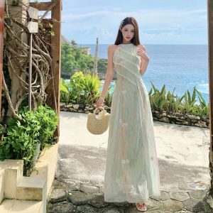 Sleeveless Floral Midi Dress Women Summer French Sweet Slimming Vacation Long Dress