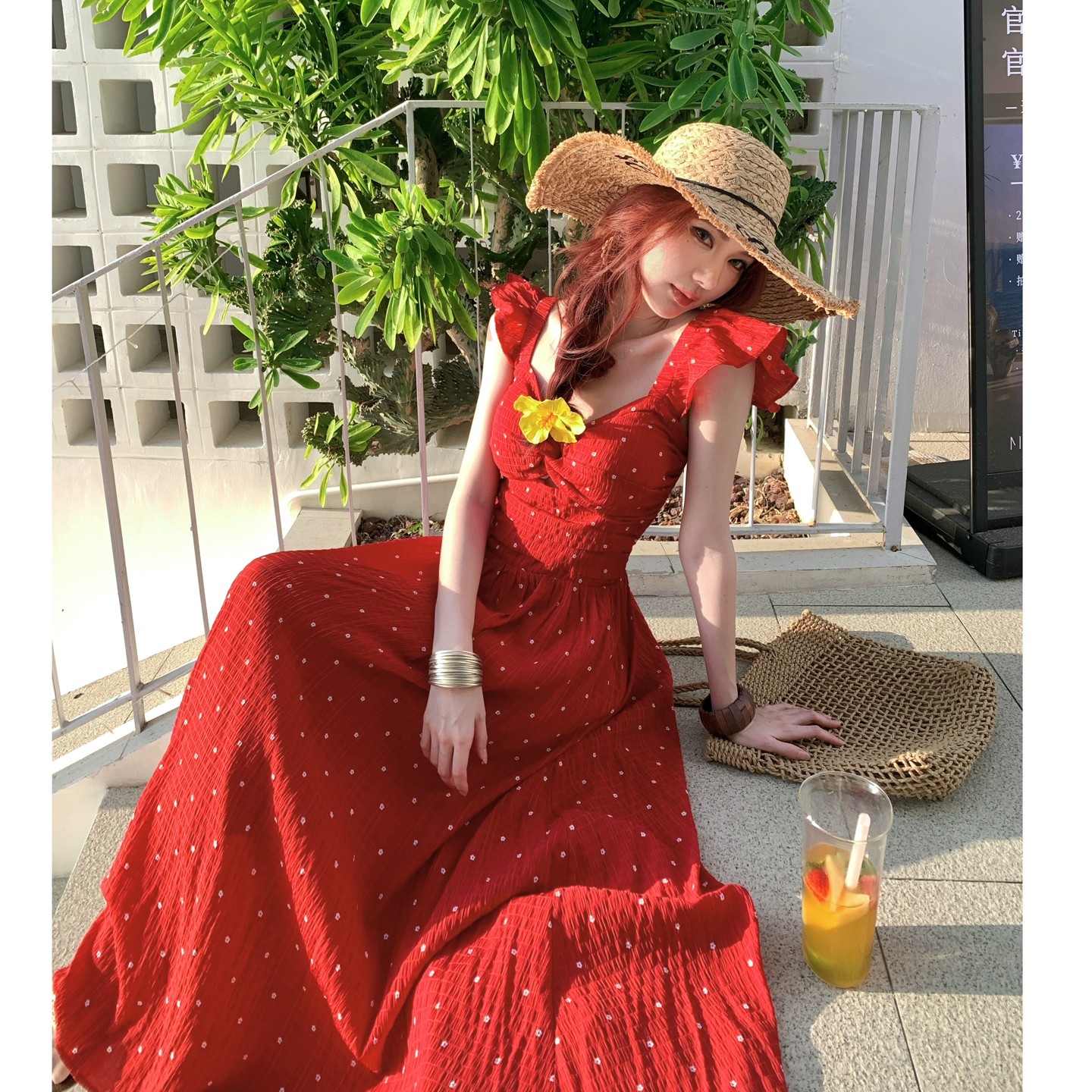 Red Polka Dot Print French Style Long Dress with Flutter Sleeves - Image 2