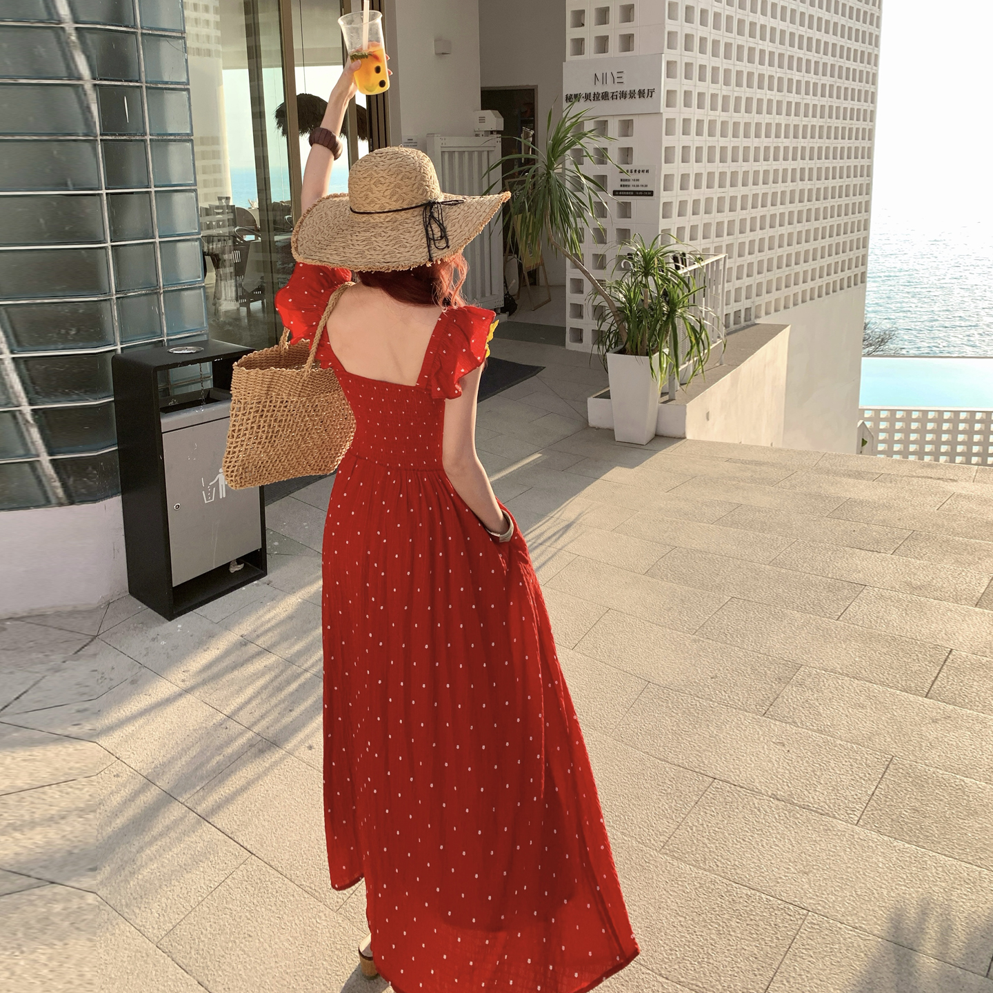 Red Polka Dot Print French Style Long Dress with Flutter Sleeves - Image 5