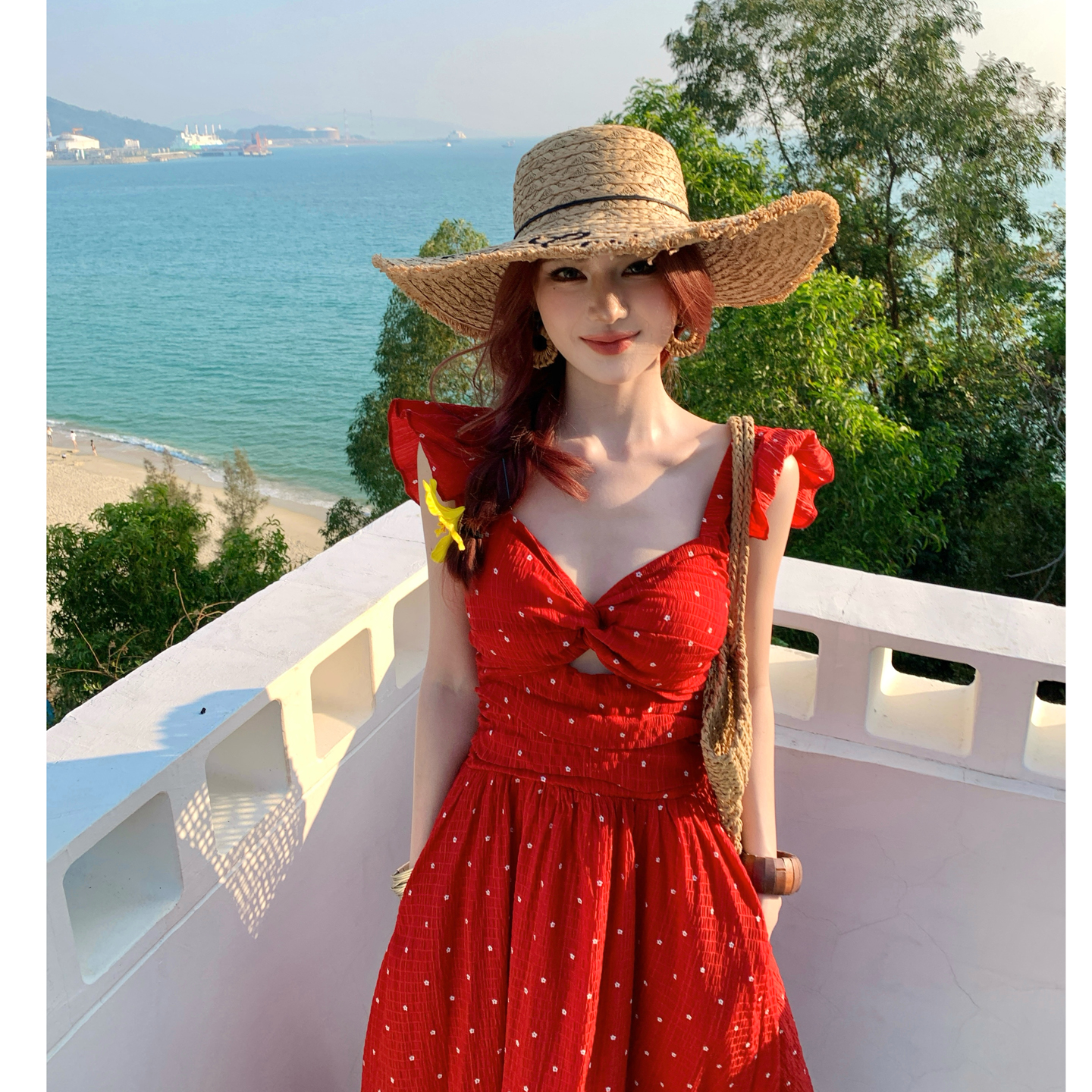 Red Polka Dot Print French Style Long Dress with Flutter Sleeves - Image 3