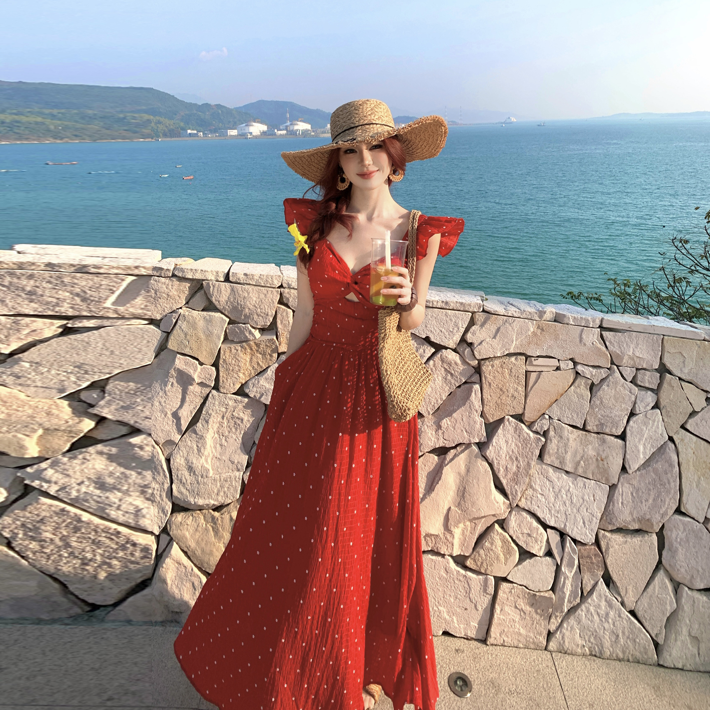 Red Polka Dot Print French Style Long Dress with Flutter Sleeves