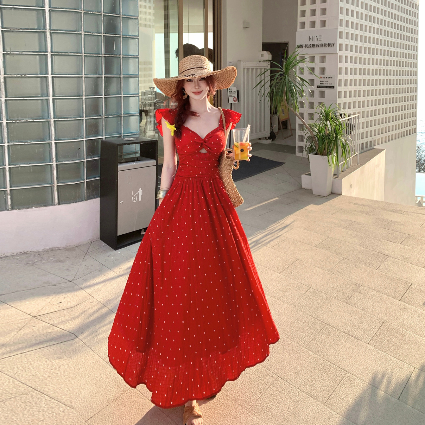 Red Polka Dot Print French Style Long Dress with Flutter Sleeves - Image 4