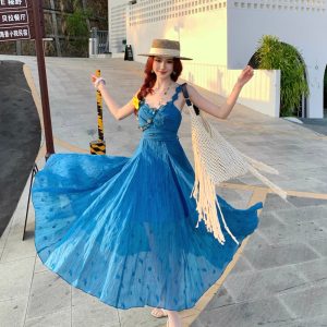 Women's Sleeveless V-Neck Embroidered A-Line Maxi Dress for Beach Vacation