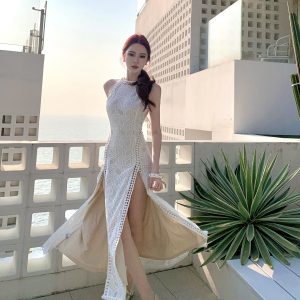 White French Lace Backless Long Dress for Beach Vacation