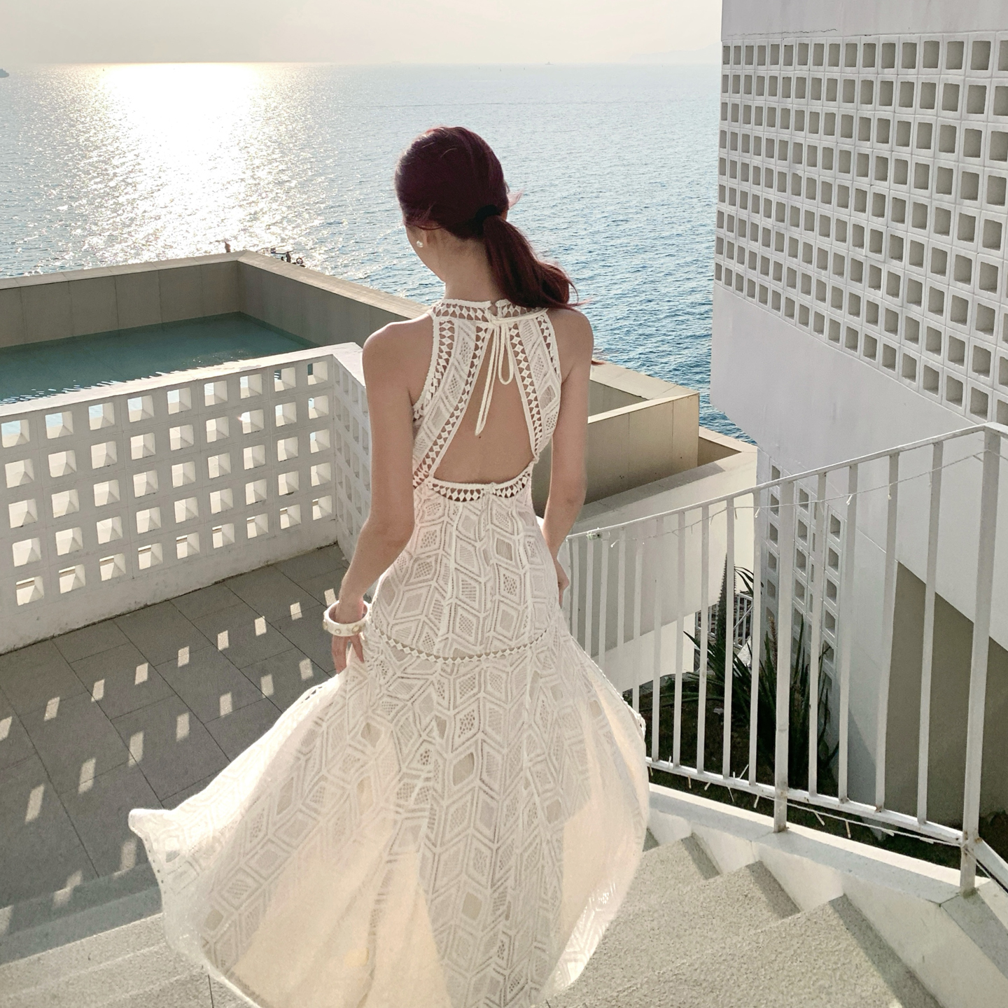 White French Lace Backless Long Dress for Beach Vacation - Image 3