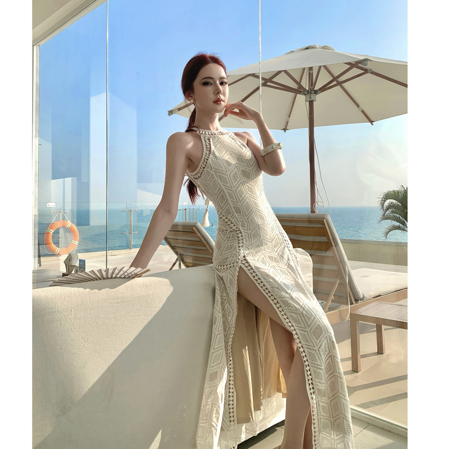 White French Lace Backless Long Dress for Beach Vacation - Image 4