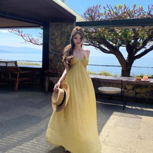 Summer Sleeveless V-Neck Maxi Dress with Pleated Details