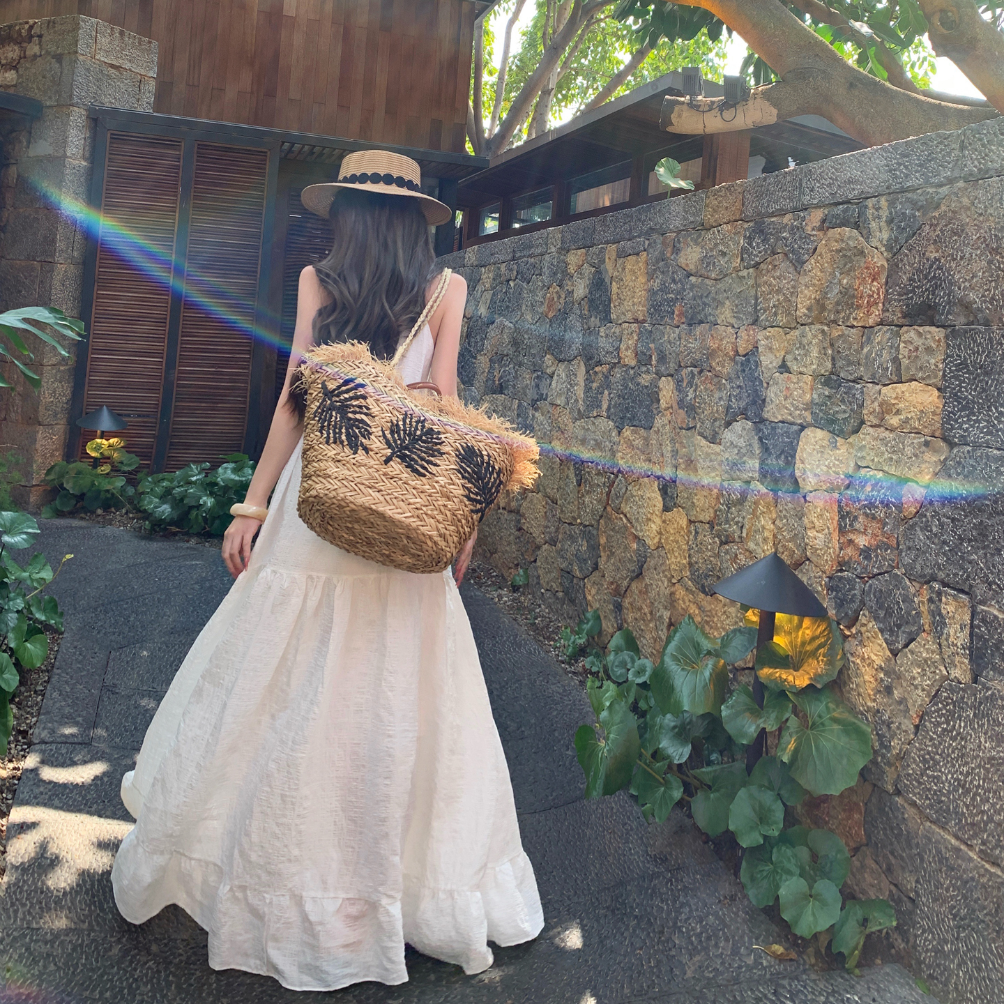 French Vacation Style Textured Beige Cami Dress Women Summer New Fairy Long Dress - Image 3