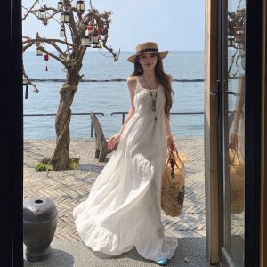 French Vacation Style Textured Beige Cami Dress Women Summer New Fairy Long Dress