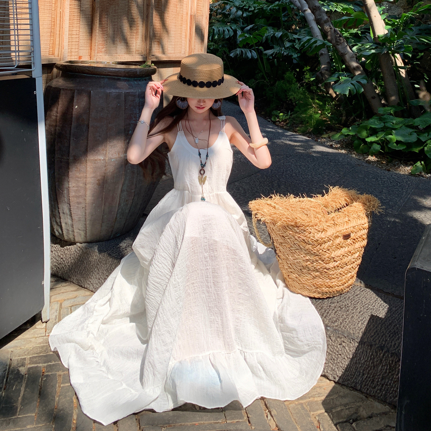 French Vacation Style Textured Beige Cami Dress Women Summer New Fairy Long Dress - Image 4
