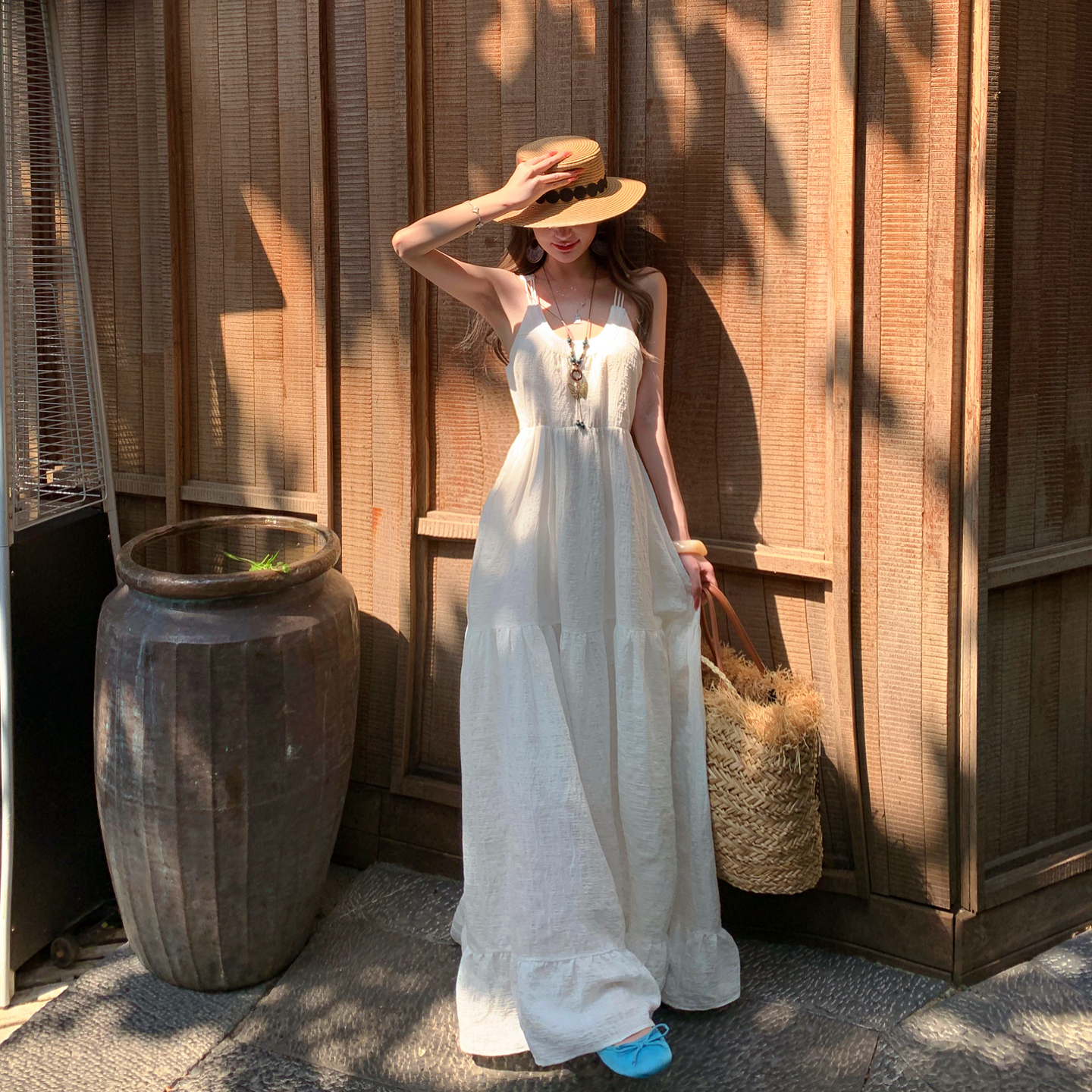 French Vacation Style Textured Beige Cami Dress Women Summer New Fairy Long Dress - Image 5