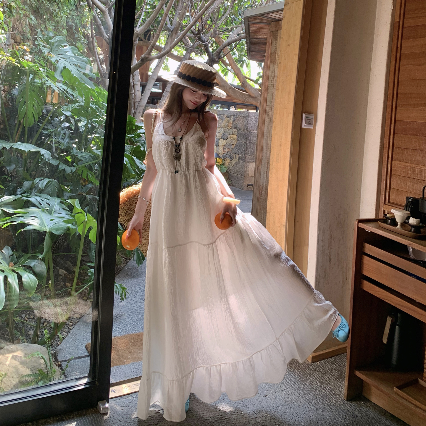 French Vacation Style Textured Beige Cami Dress Women Summer New Fairy Long Dress - Image 2