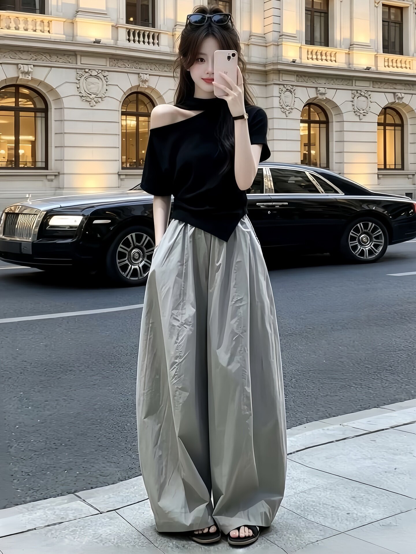 Black One-Shoulder Off-Shoulder Irregular T-Shirt for Women 2026 Summer Short Sleeve Top