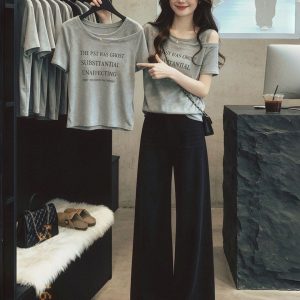 Korean Ins Style Gray One-Shoulder Letter Short Sleeve T-Shirt for Women 2026 Summer High-End Casual Top