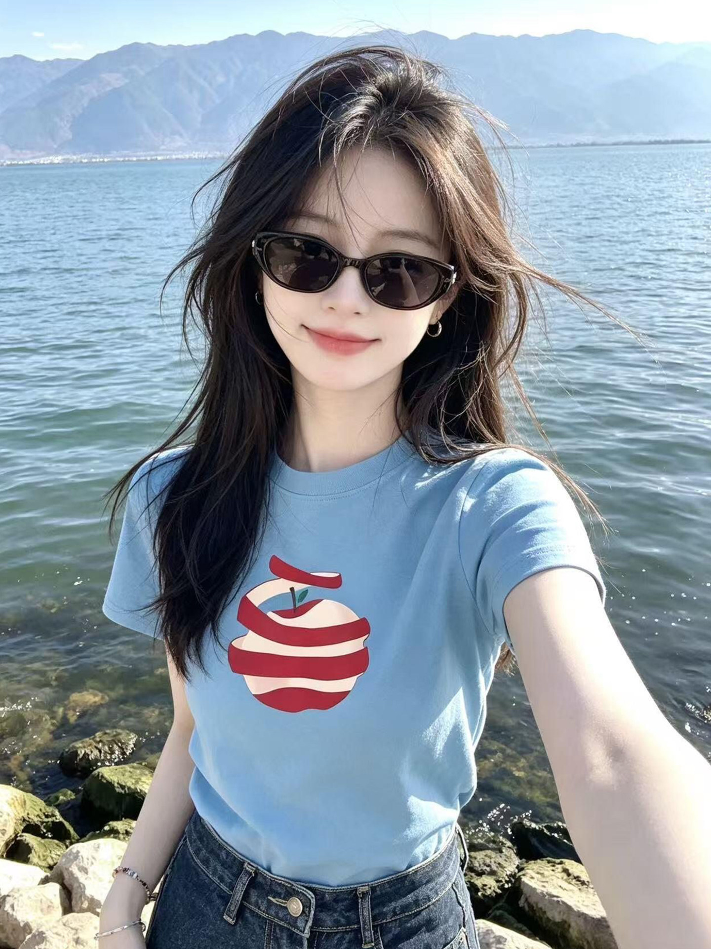 Dopamine Fresh Apple Print Short Sleeve T-Shirt for Women 2026 Summer Playful Relaxed Top - Image 4