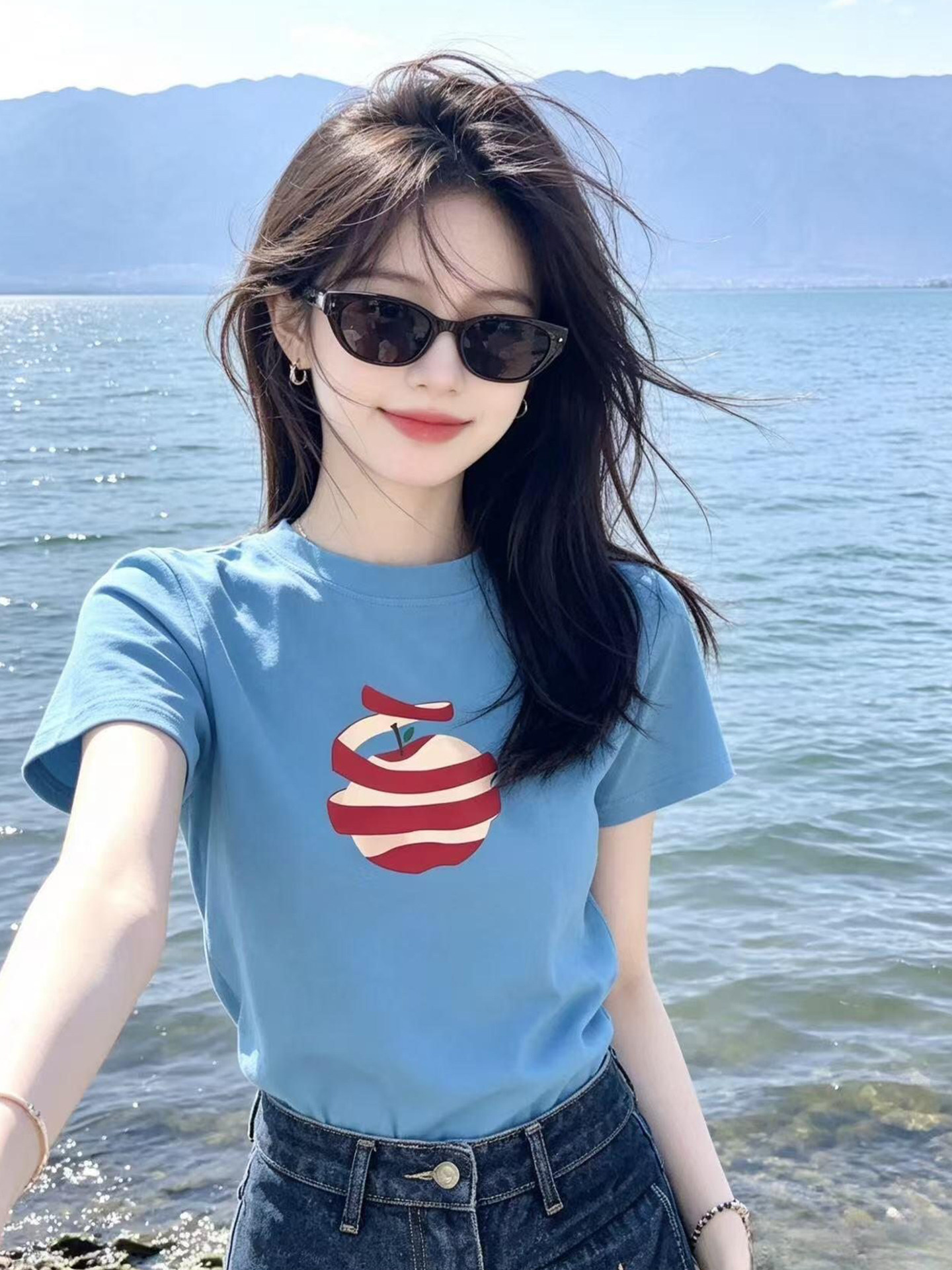 Dopamine Fresh Apple Print Short Sleeve T-Shirt for Women 2026 Summer Playful Relaxed Top - Image 2