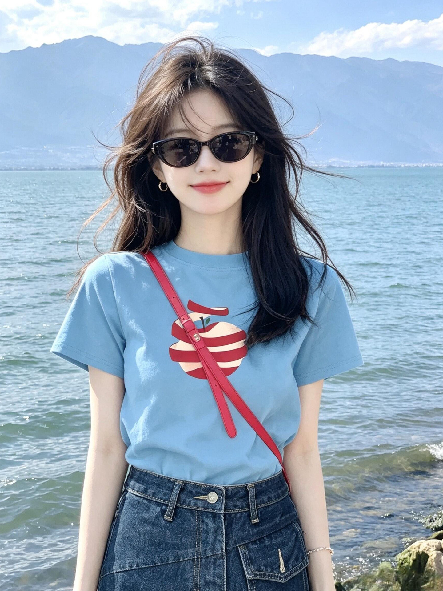 Dopamine Fresh Apple Print Short Sleeve T-Shirt for Women 2026 Summer Playful Relaxed Top - Image 3