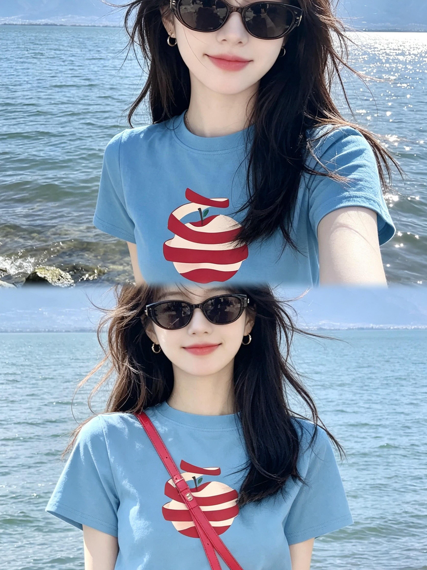 Dopamine Fresh Apple Print Short Sleeve T-Shirt for Women 2026 Summer Playful Relaxed Top