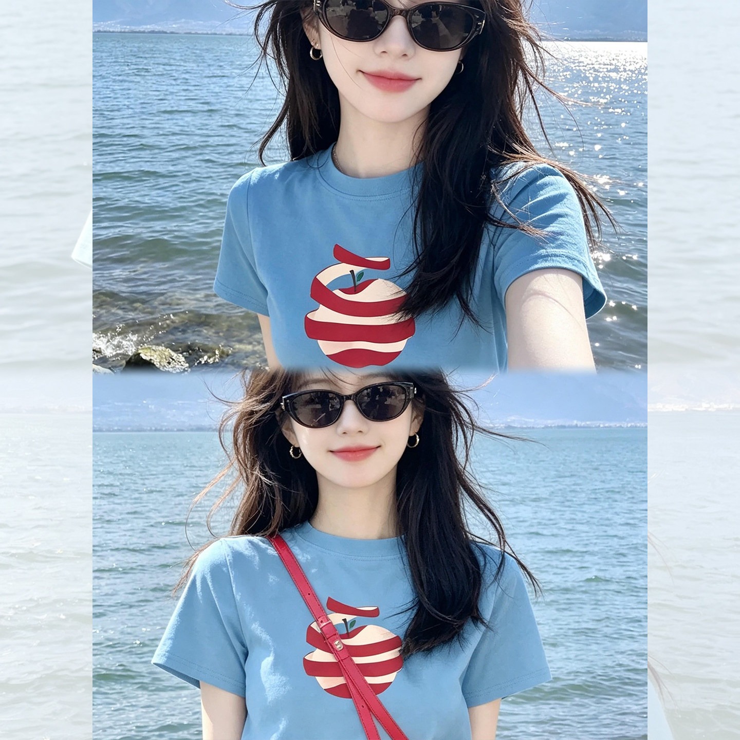 Dopamine Fresh Apple Print Short Sleeve T-Shirt for Women 2026 Summer Playful Relaxed Top - Image 5