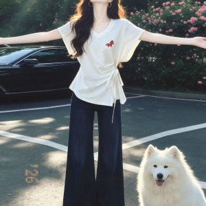 Women's White Slim Fit V-Neck Printed Short Sleeve T-Shirt 2026 Summer