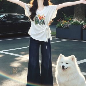 White Print Slim Fit V-Neck T-Shirt for Women 2026 Summer Short Sleeve French Style Top