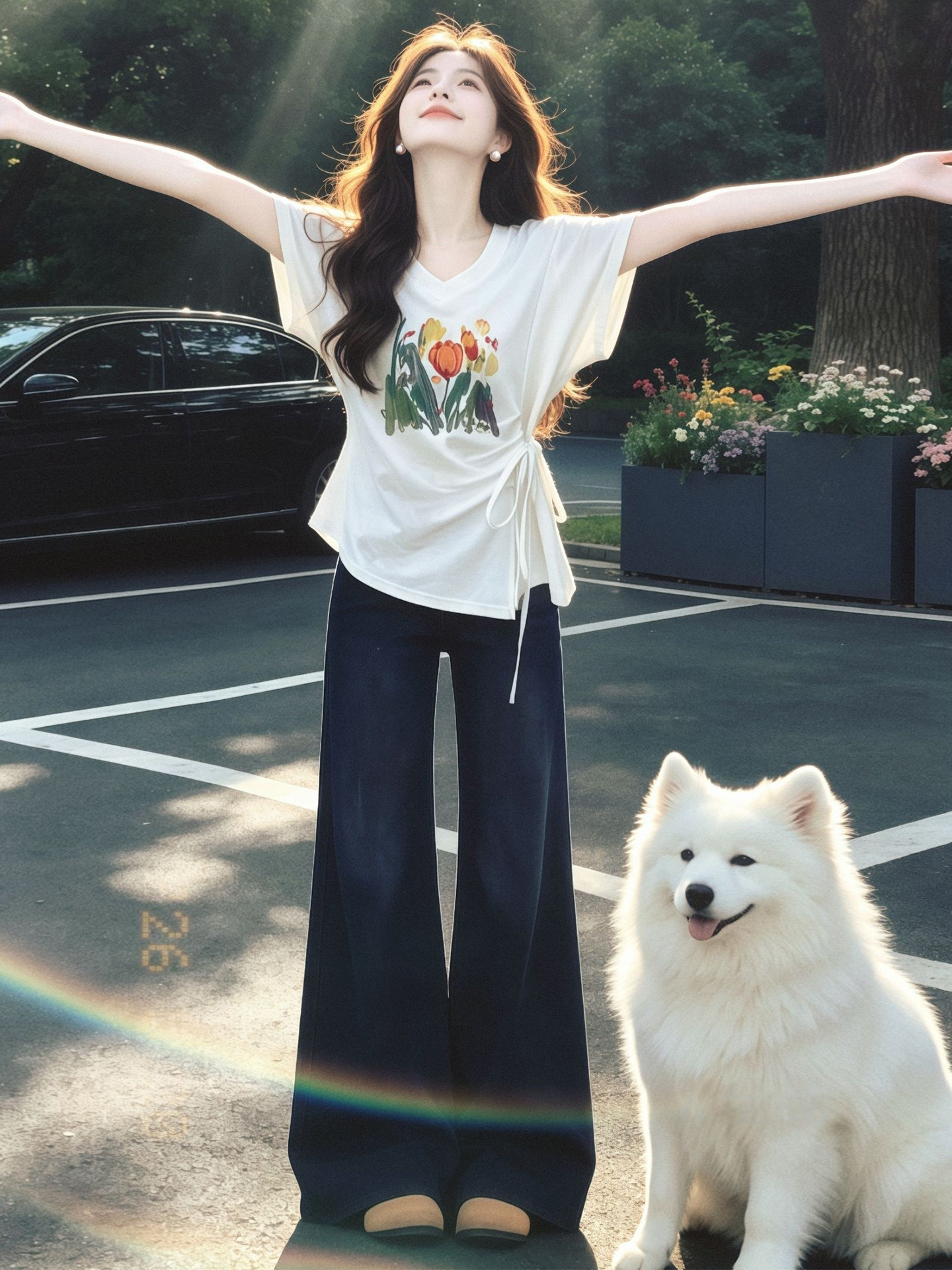 White Print Slim Fit V-Neck T-Shirt for Women 2026 Summer Short Sleeve French Style Top