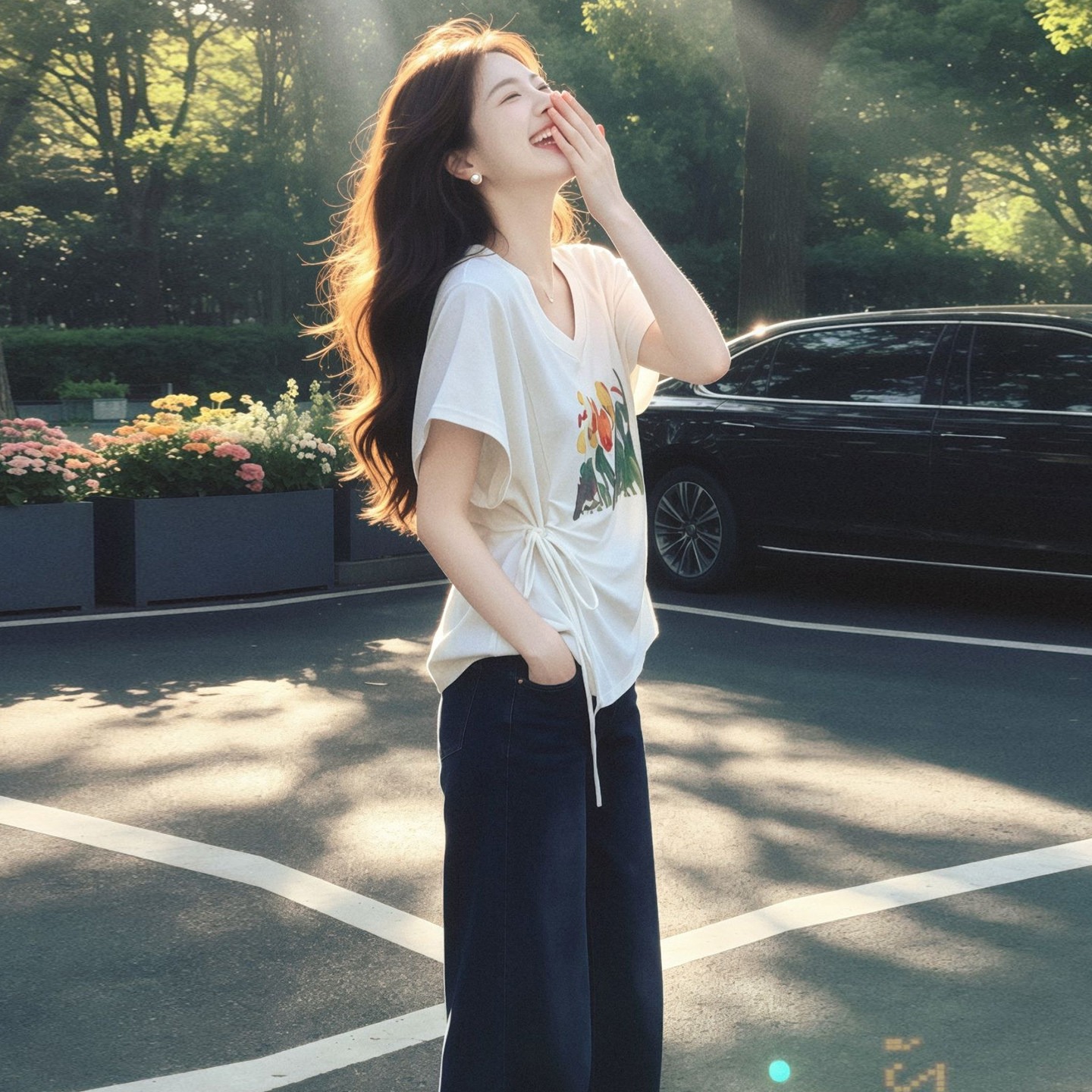 White Print Slim Fit V-Neck T-Shirt for Women 2026 Summer Short Sleeve French Style Top - Image 5