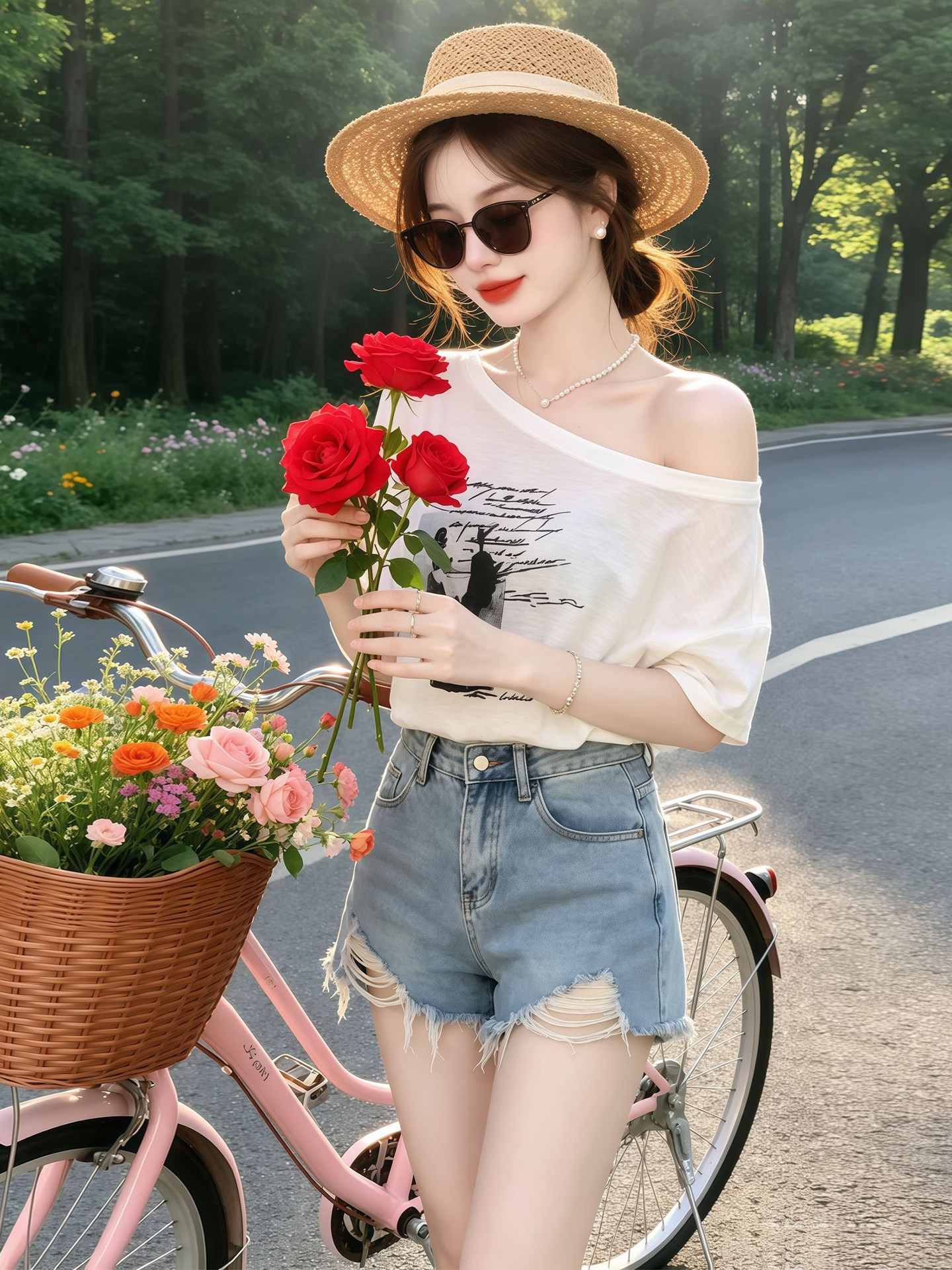 Women's White One-Shoulder Printed Loose Short-Sleeve T-Shirt 2026 Summer French Style - Image 2
