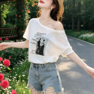 Women's White One-Shoulder Printed Loose Short-Sleeve T-Shirt 2026 Summer French Style