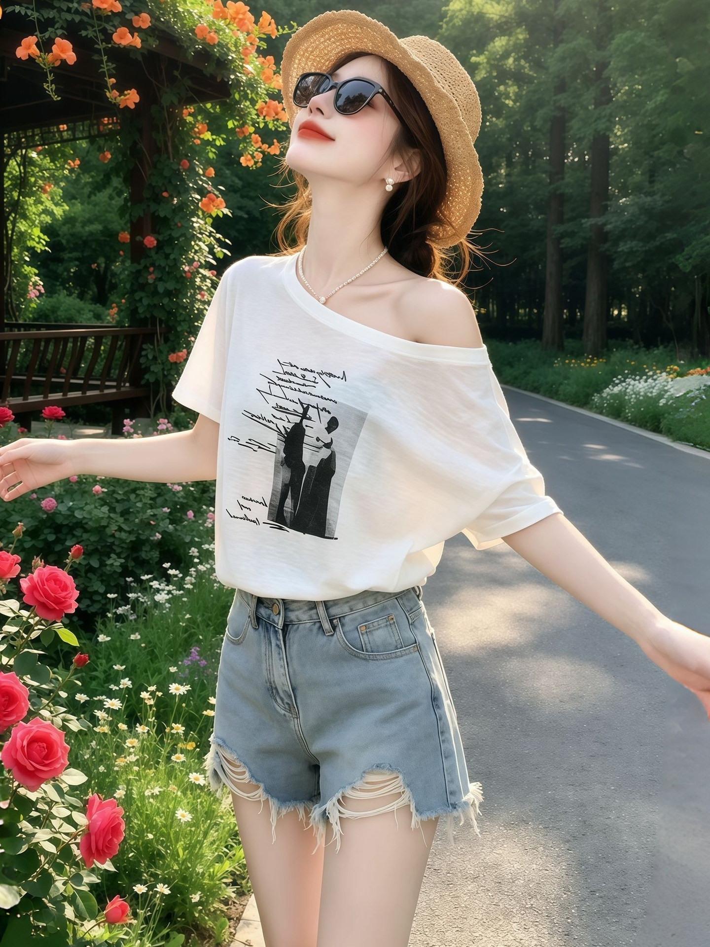 Women's White One-Shoulder Printed Loose Short-Sleeve T-Shirt 2026 Summer French Style