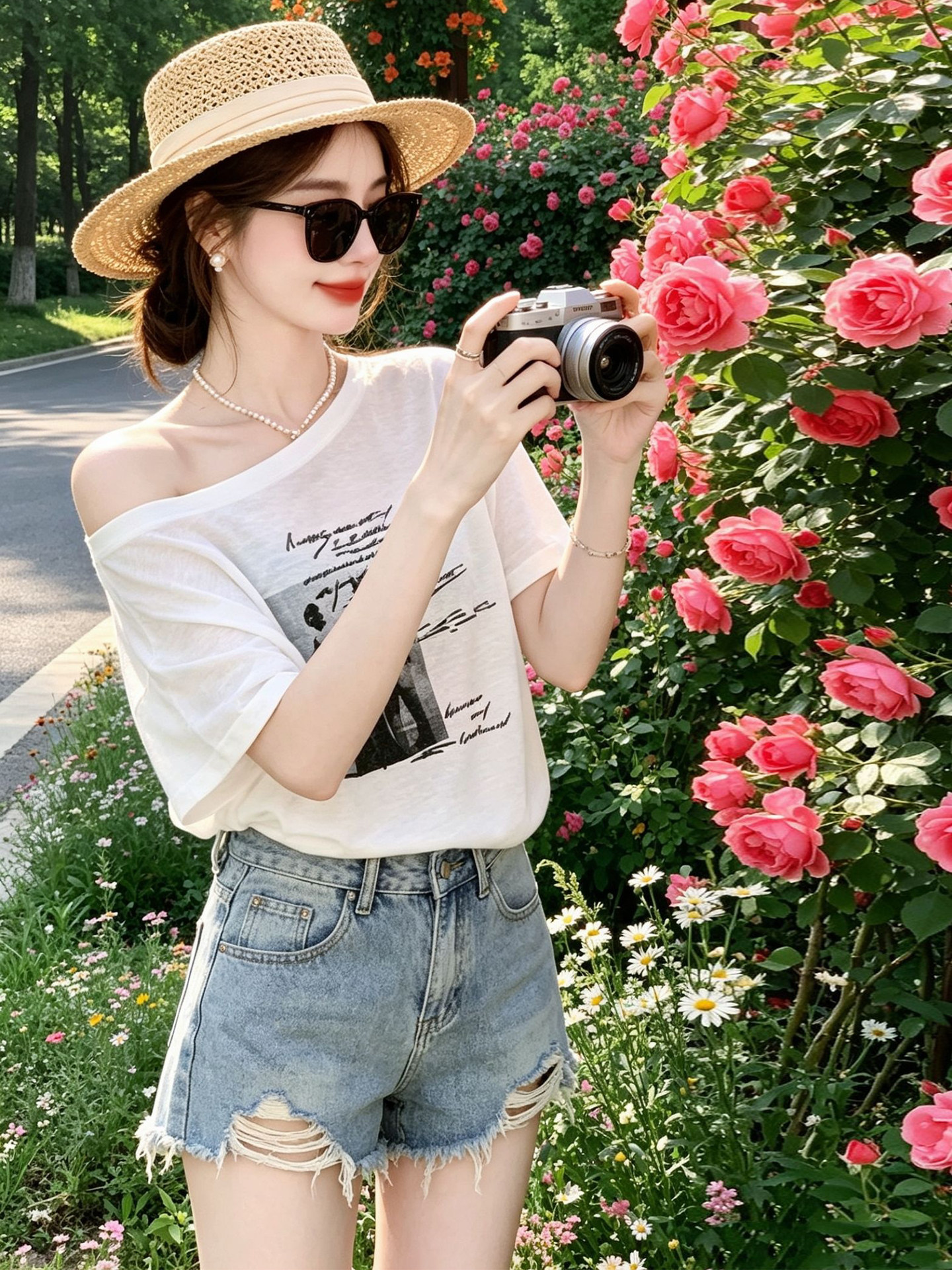 Women's White One-Shoulder Printed Loose Short-Sleeve T-Shirt 2026 Summer French Style - Image 4