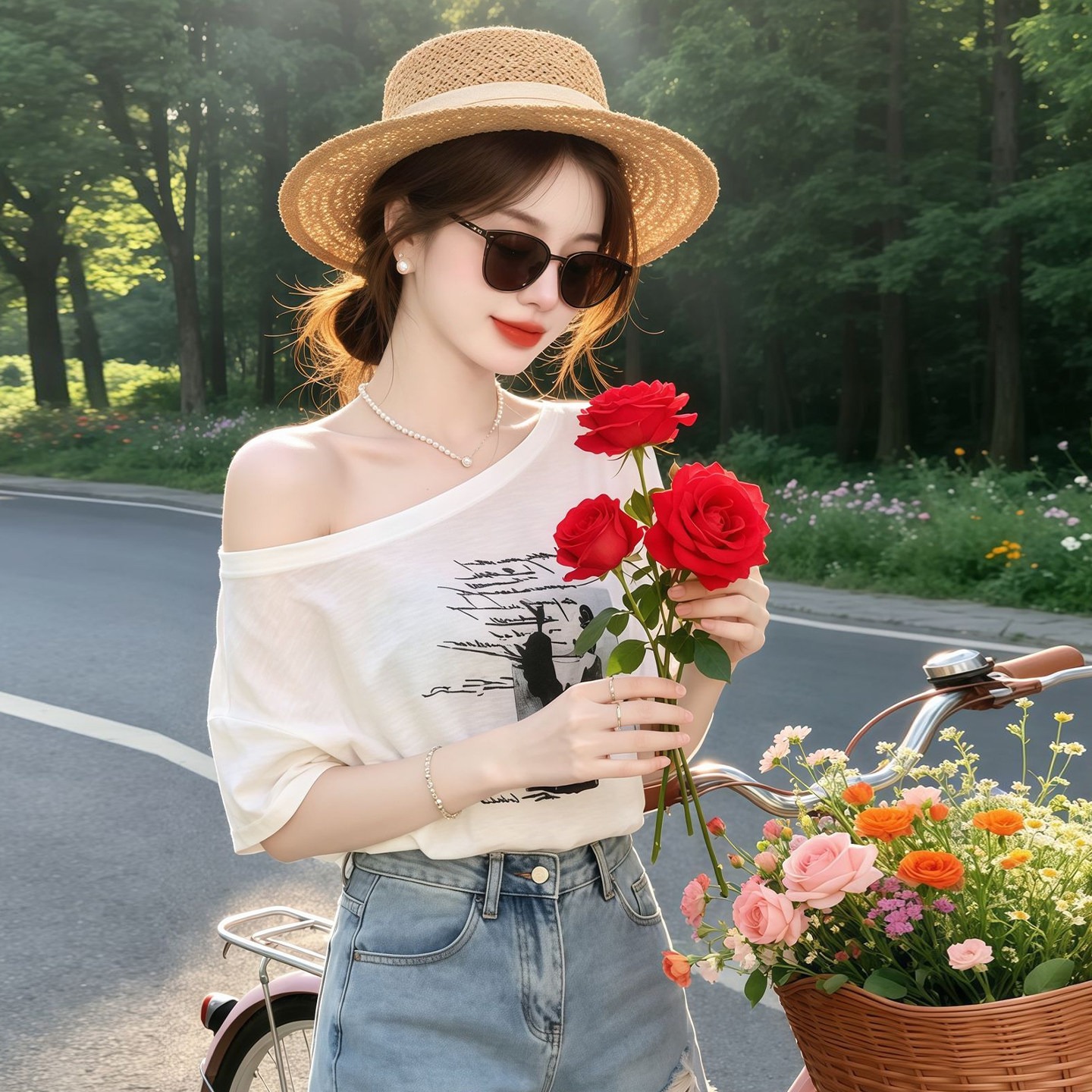 Women's White One-Shoulder Printed Loose Short-Sleeve T-Shirt 2026 Summer French Style - Image 5