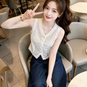 White V-Neck Slim Lace Cami Top for Women 2026 Summer