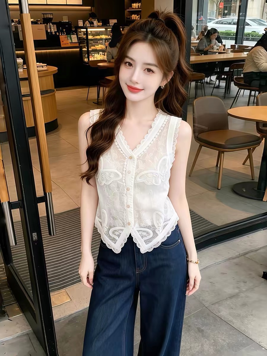 White V-Neck Slim Lace Cami Top for Women 2026 Summer - Image 3