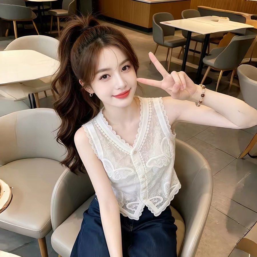 White V-Neck Slim Lace Cami Top for Women 2026 Summer - Image 5