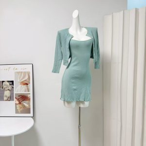 Bigking Green Knit Sleeveless Cami Dress and Cardigan Set