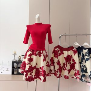 YY Women's Summer Vintage Floral Embroidered A-Line Skirt Set