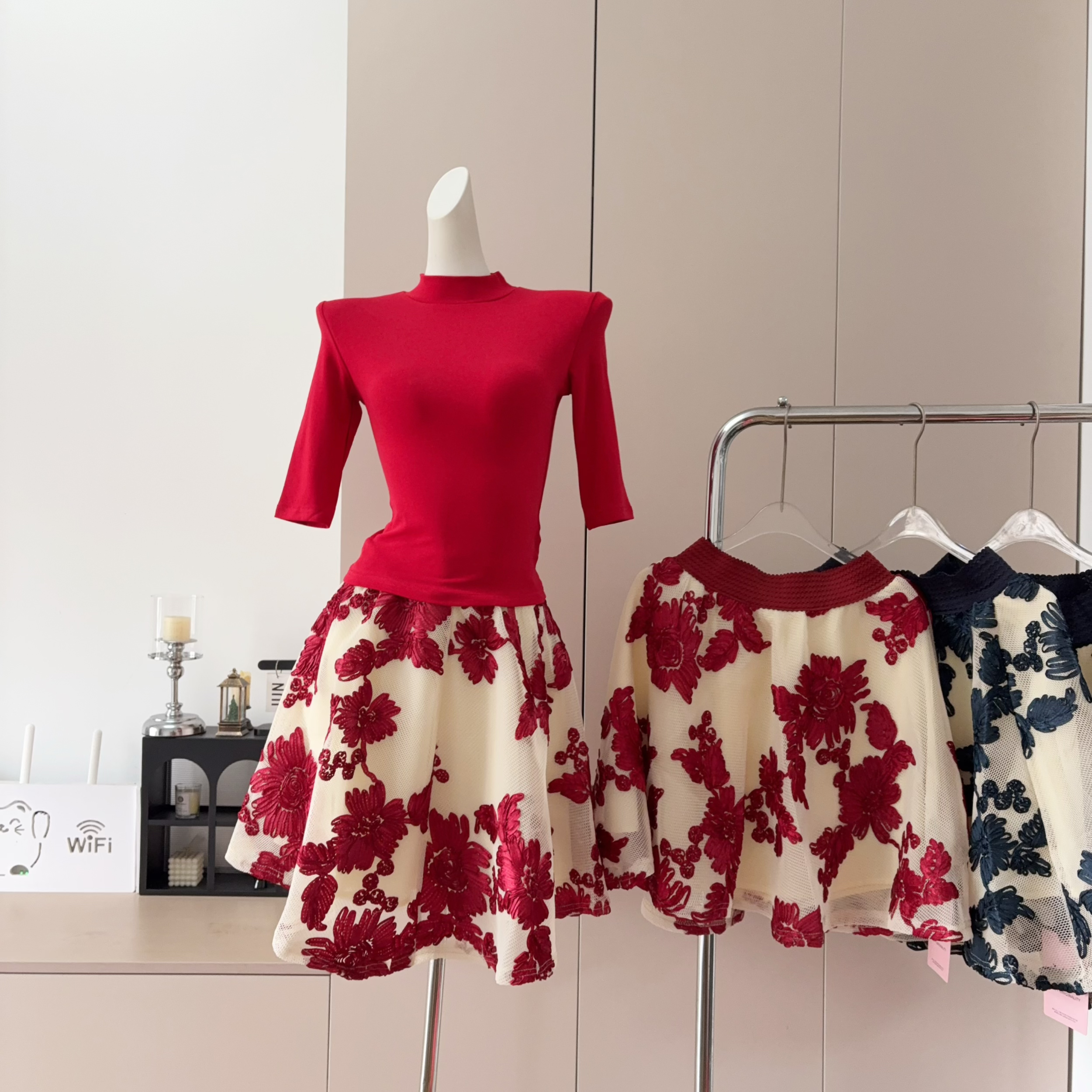 YY Women's Summer Vintage Floral Embroidered A-Line Skirt Set