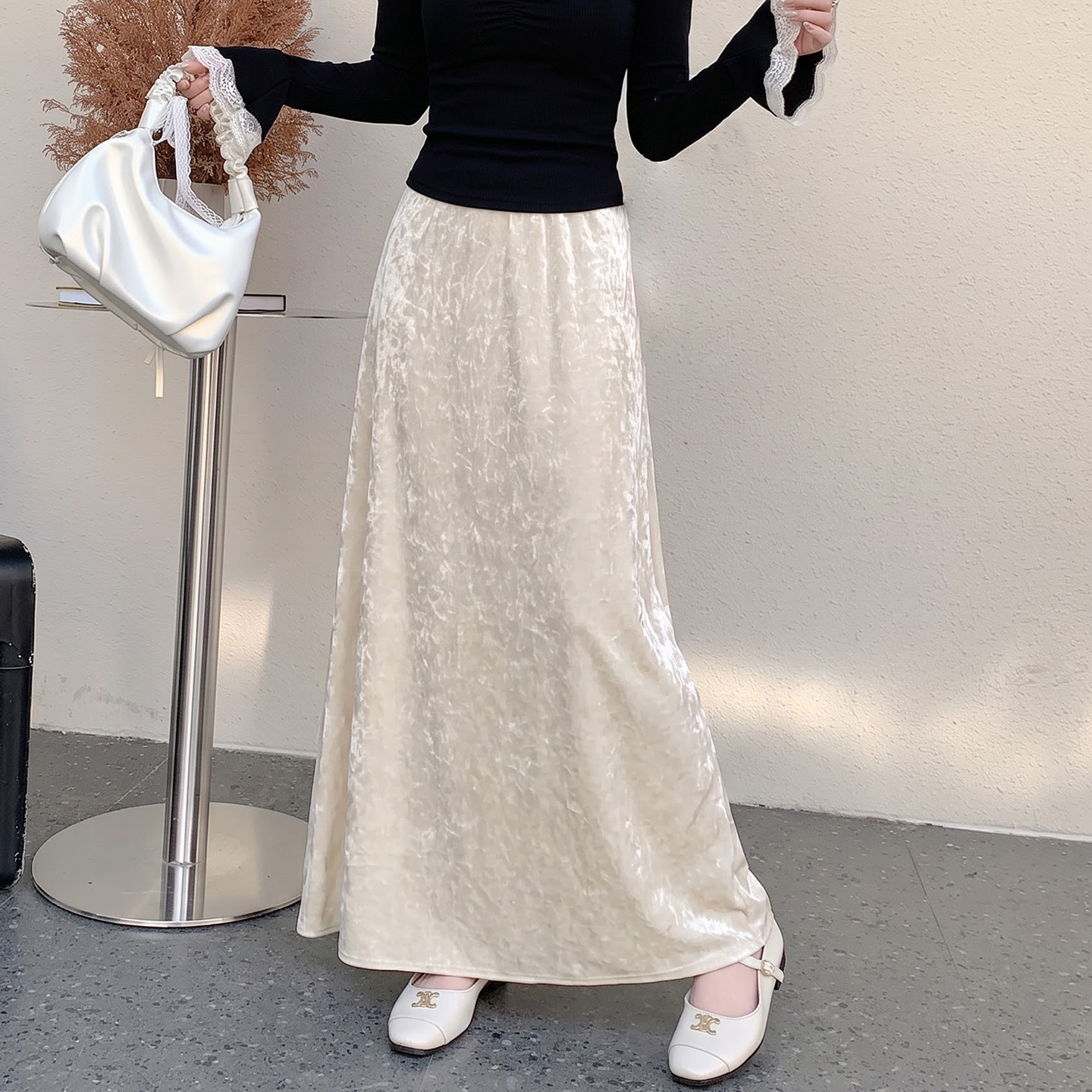 3D Shimmer Velvet Ice Flower A-Line Drape High Waist Long Skirt Fall Winter New - Image 2