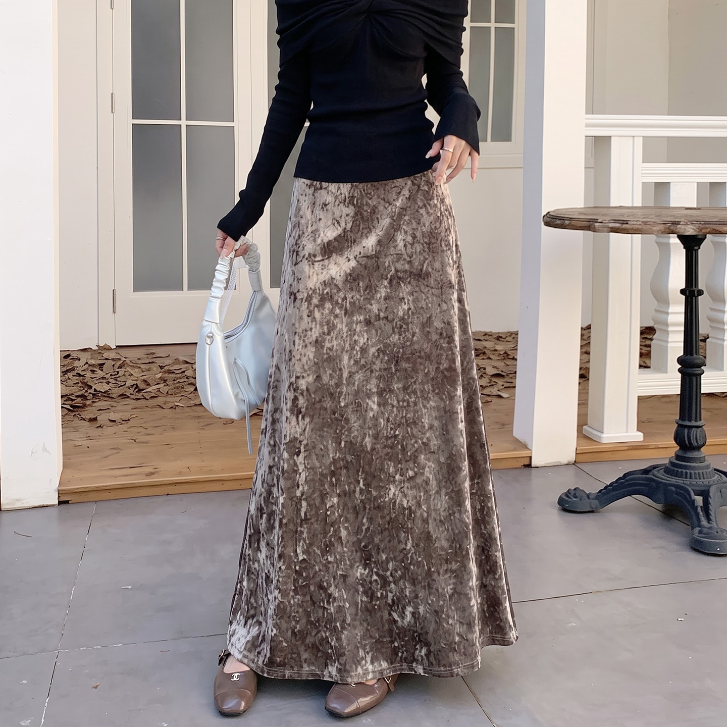 3D Shimmer Velvet Ice Flower A-Line Drape High Waist Long Skirt Fall Winter New