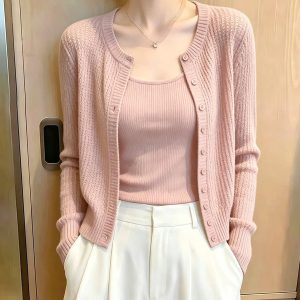 Women's Pink Knit Cardigan Lightweight Outerwear Top