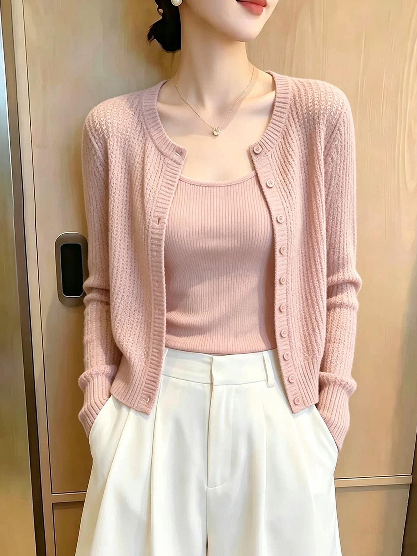 Women's Pink Knit Cardigan Lightweight Outerwear Top