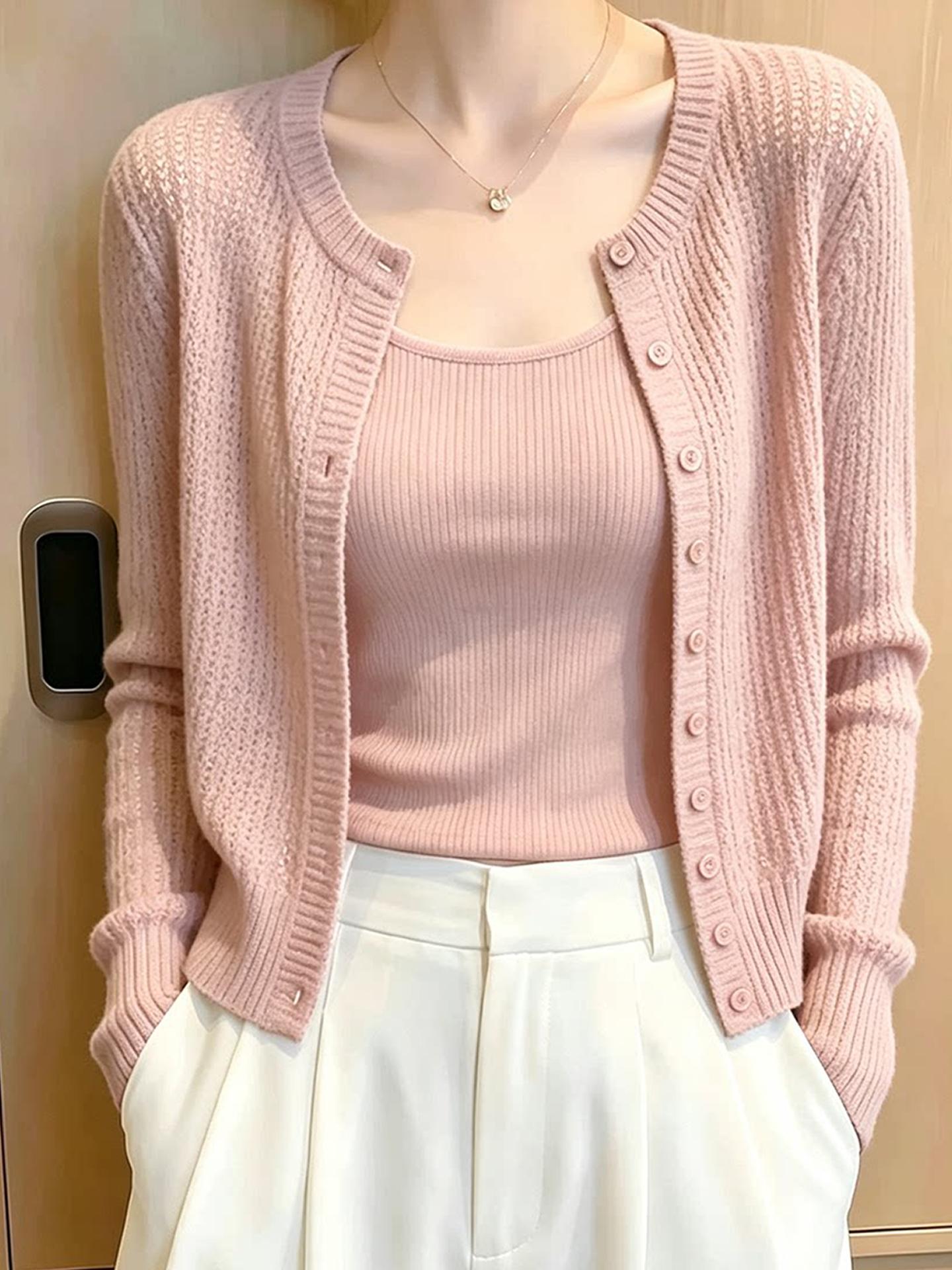 Women's Pink Knit Cardigan Lightweight Outerwear Top - Image 4