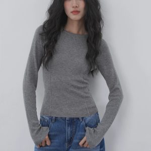 EIGHTHMONTH Blue Slim Fit Knit Sweater Women Long Sleeve Round Neck Slimming Base Layer Top